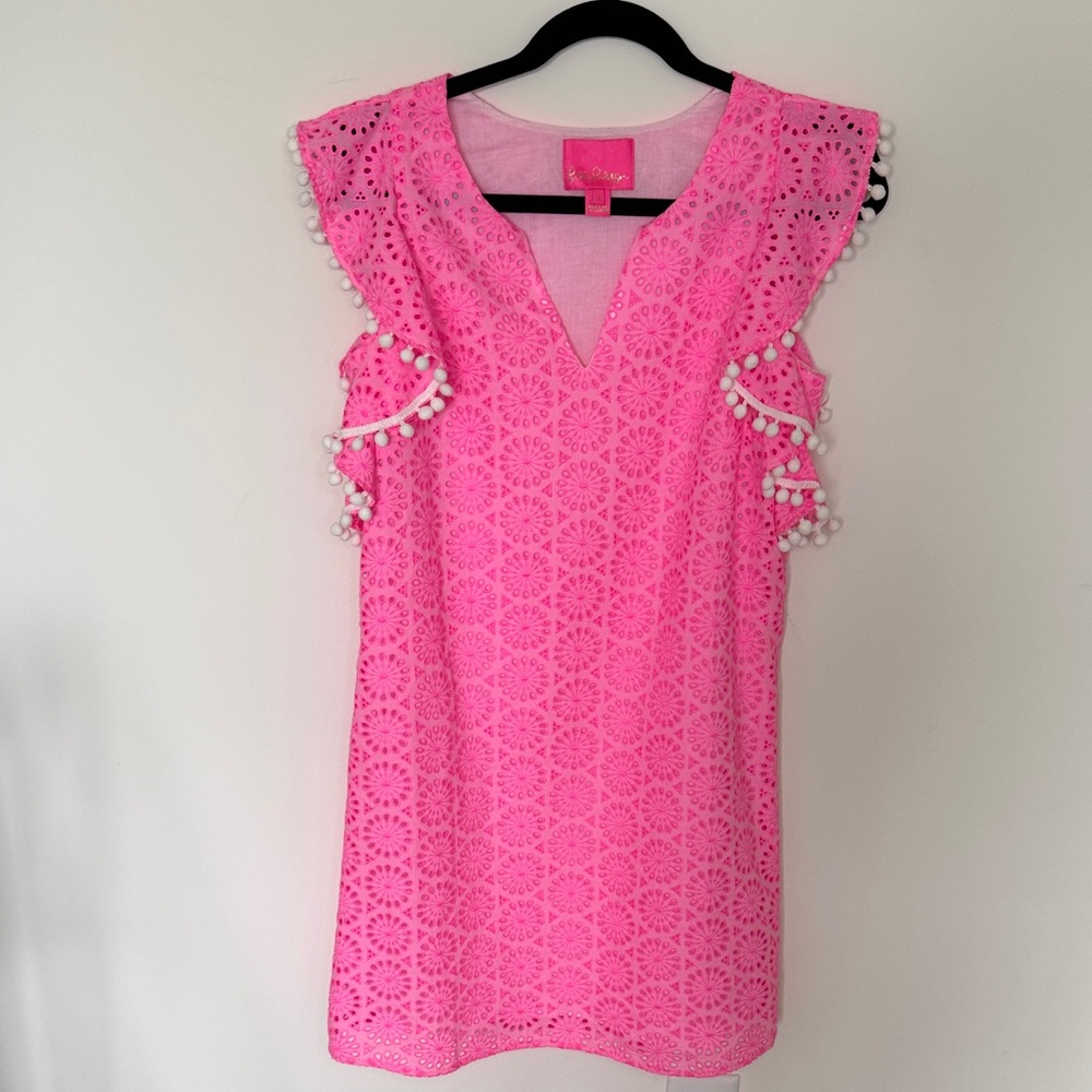 Lilly Pulitzer Hot Pink Eyelet Pom-Pom Shift Dress